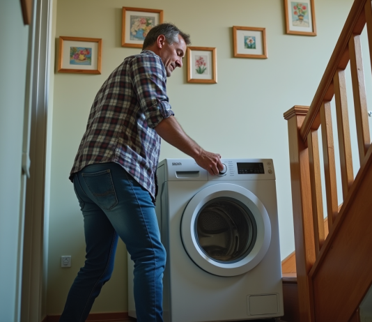 Machine à laver : comment transporter facilement dans les escaliers ? Homme d'âge moyen manœuvrant un lave-linge dans un escalier étroit