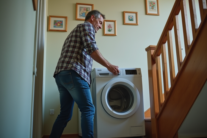 homme-manoeuvre-lave-linge-escaliers Homme d'âge moyen manœuvrant un lave-linge dans un escalier étroit