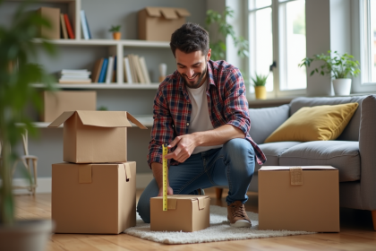 Homme en jeans et chemise à carreaux mesure une boîte de déménagement