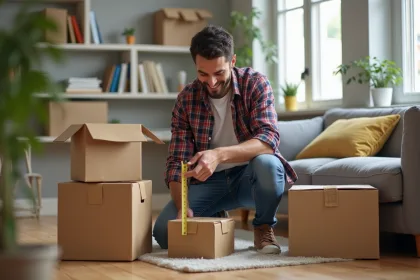 Homme en jeans et chemise à carreaux mesure une boîte de déménagement