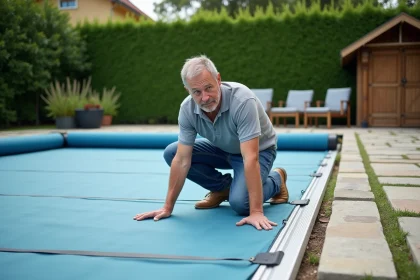 Homme vérifiant le système de couverture automatique de piscine extérieure