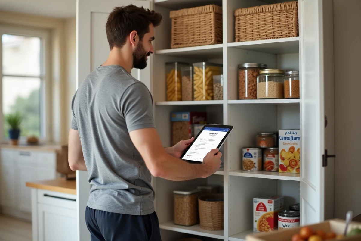 Homme organisant les placards de cuisine avec commande en ligne Carrefour pour la rentrée