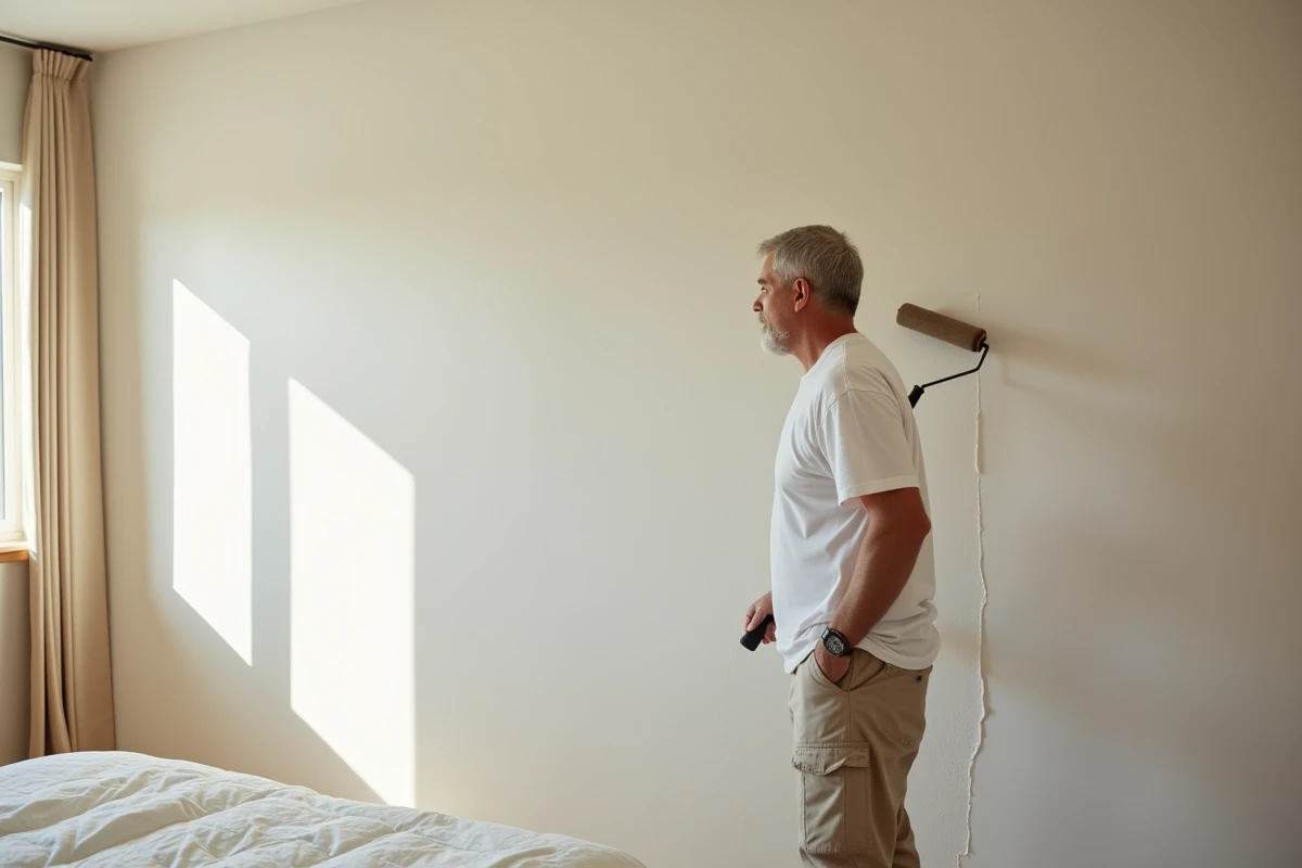 Homme peignant un mur de chambre avec un rouleau à peinture