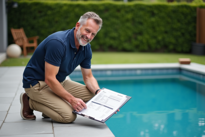 Homme souriant près d'une piscine neuve dans un jardin moderne