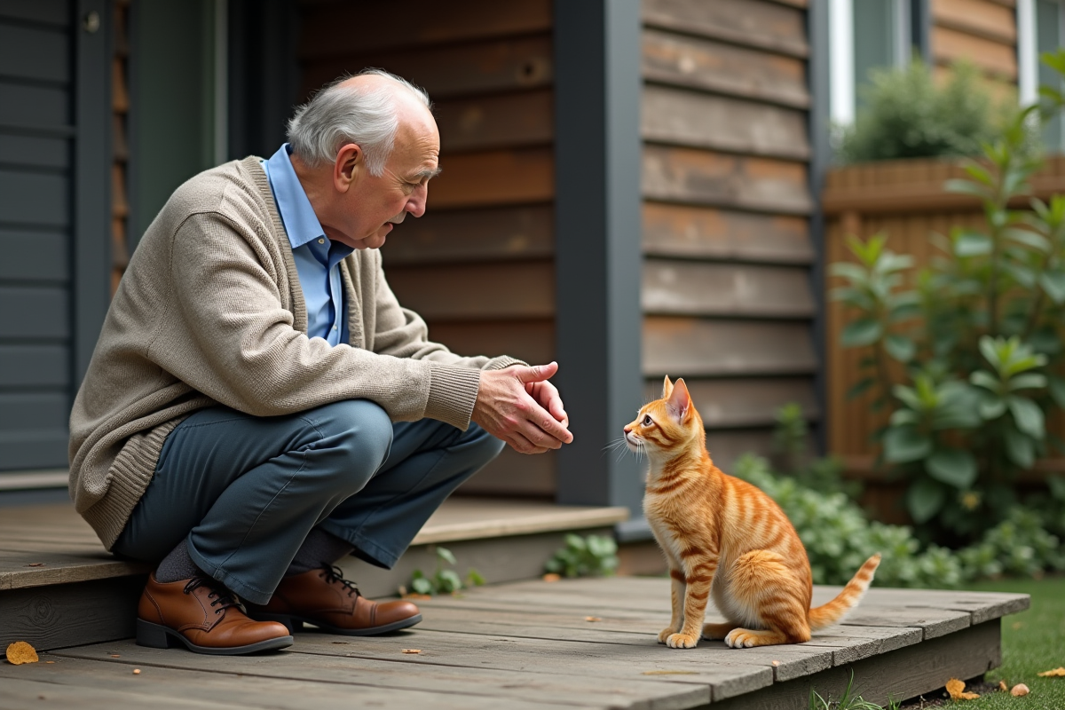 Homme âgé avec chat orange dans le jardin