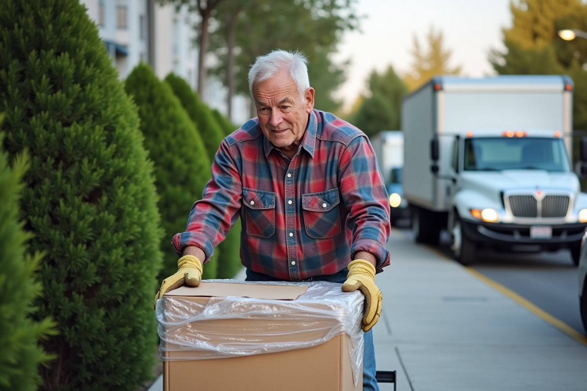 Homme âgé chargeant un meuble protégé lors d