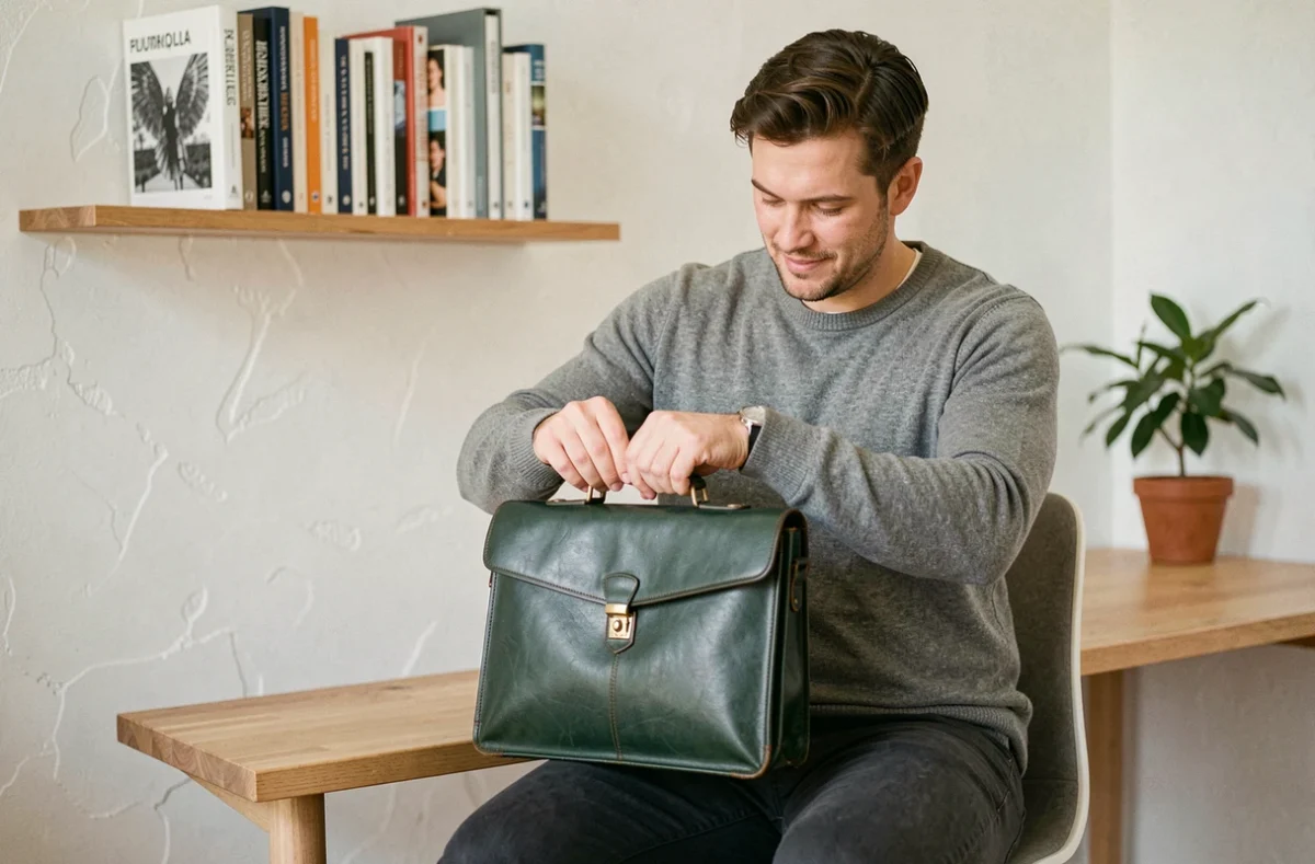 Homme inspectant un attaché-case en cuir teint en vert forêt avec une nouvelle coloration longue tenue