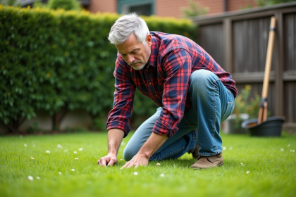 Homme en jeans et chemise à carreaux semant des graines dans la pelouse