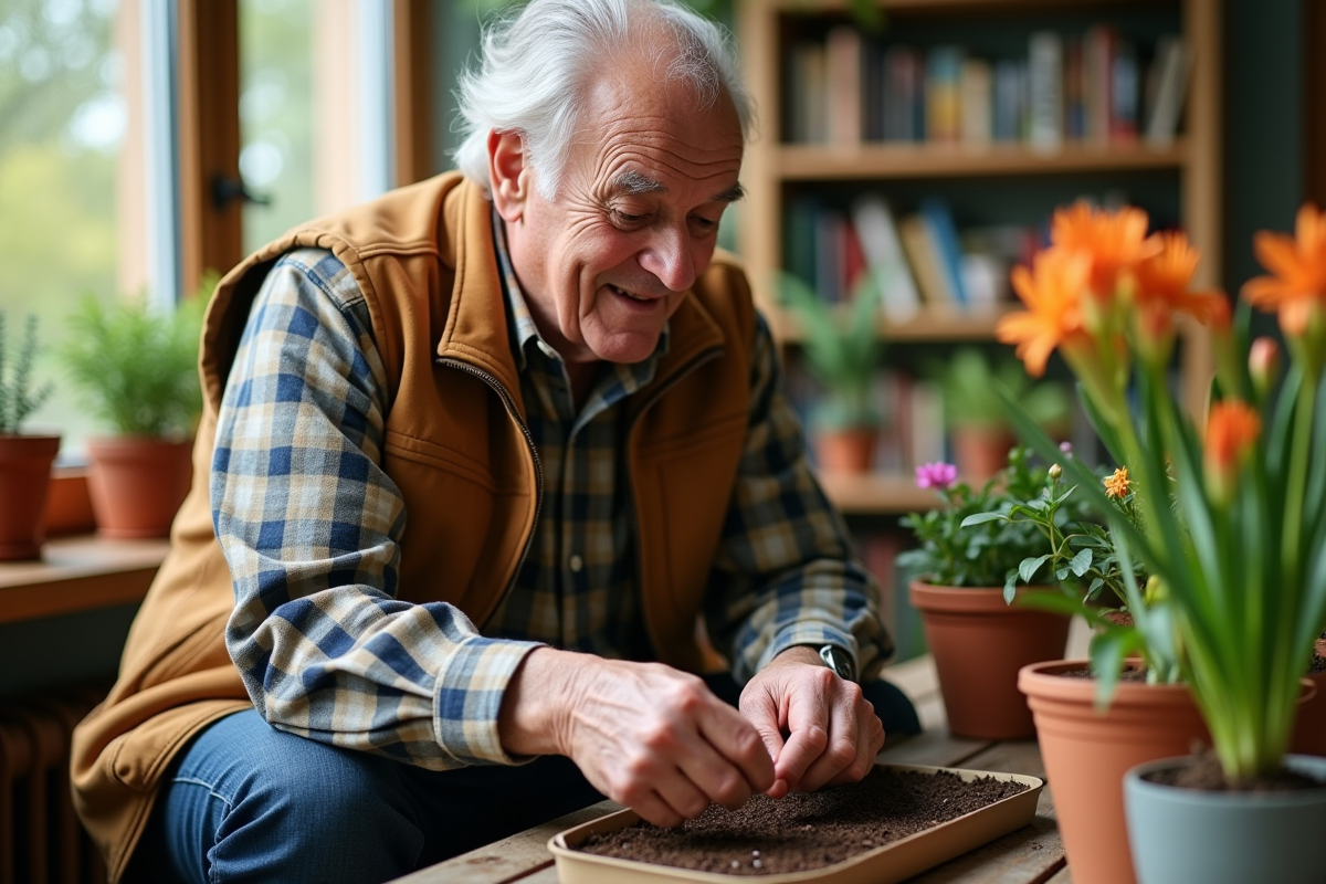 Homme âgé semant des graines de lys tiger en intérieur