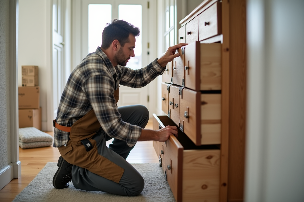 Homme attachant une commode avec des sangles de déménagement