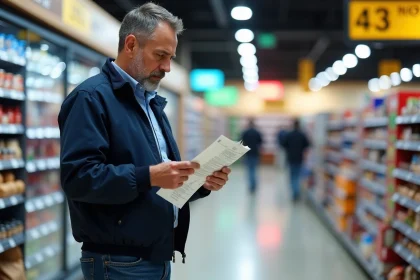Homme d'âge moyen compare deux factures de gaz dans un supermarché