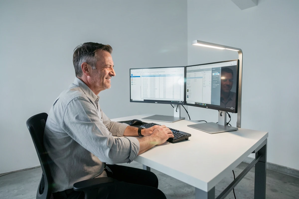 Homme en télétravail devant deux écrans avec une lampe à lumière neutre dans un bureau minimaliste moderne