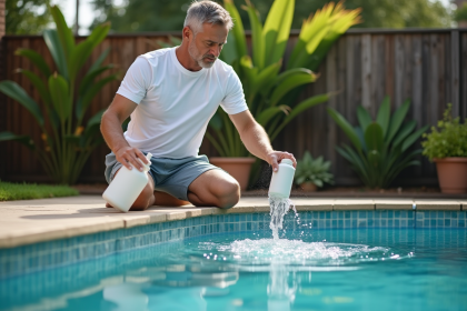 Homme en maillot et t-shirt blanc verse un traitement dans la piscine