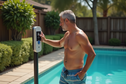 Homme d'âge moyen vérifiant la température de la piscine