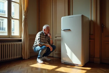 Homme d'âge moyen examine un réfrigérateur ancien dans un appartement parisien