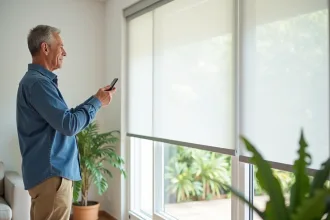 Homme d'âge moyen utilisant une télécommande pour un volet roulant dans un salon moderne