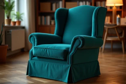 Housse extensible en velours bleu sarcelle sur fauteuil à oreilles dans un salon cosy avec parquet en bois