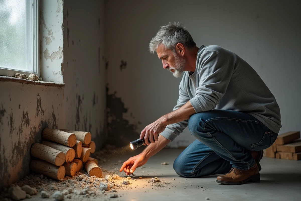 Propriétaire inspectant les murs de son garage pour détecter la mérule causée par le stockage de bois