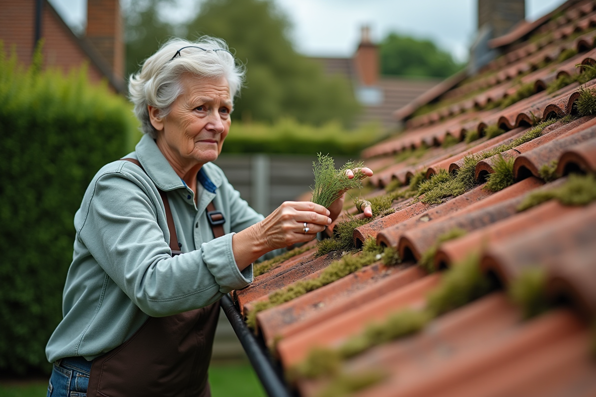 Femme inspectant des tuiles en terre cuite recouvertes de mousse verte