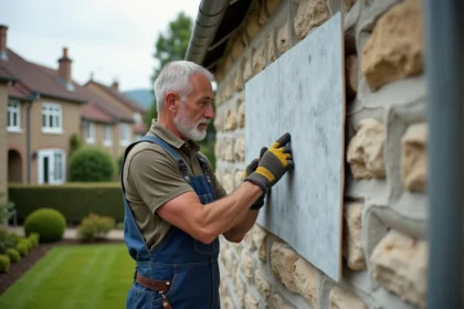 Hommes en overalls posant des panneaux isolants sur un mur