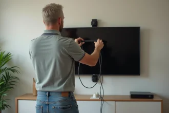 Homme installant des câbles TV derrière un écran dans un salon moderne