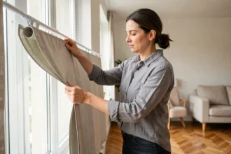 Femme installant un rideau thermique sur une fenêtre double vitrage dans un salon moderne au style scandinave