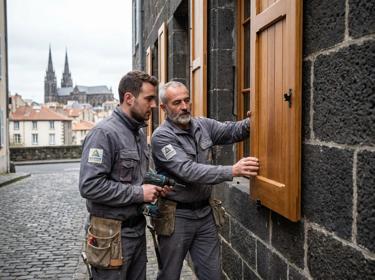 Deux menuisiers installant des volets en bois sur une façade en pierre volcanique typique de Clermont-Ferrand