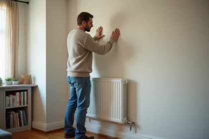 Homme moyen âge installe un chauffage électrique dans un salon rénové