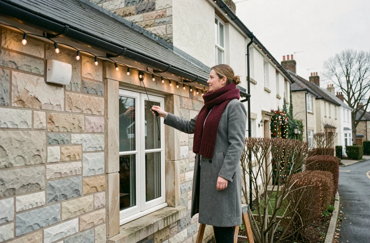 Femme installant des guirlandes lumineuses de Noël extérieures avec des clips magnétiques sans abîmer la façade en pierre