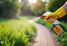 Main gantée pulvérisant un désherbant dans le jardin