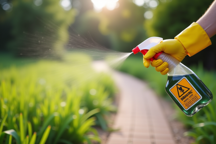 Main gantée pulvérisant un désherbant dans le jardin