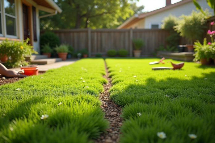 Amateur posant de la pelouse mal installée avec des espaces