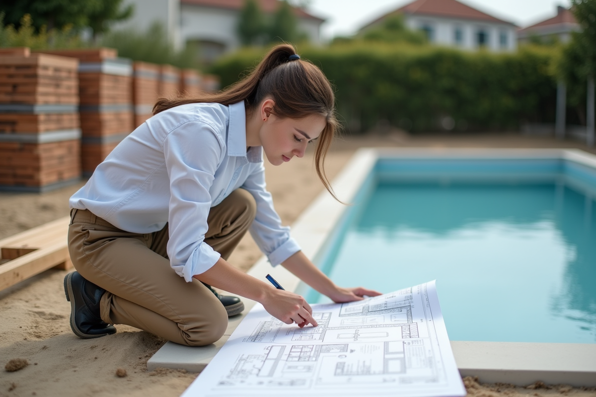 Jeune architecte mesurant plan au bord de la piscine