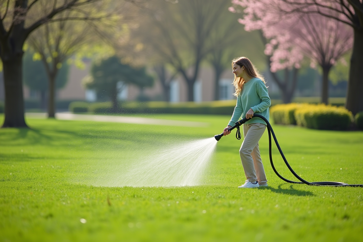 Jeune femme souriante arrosant la pelouse avec un tuyau dans un parc