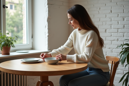 Jeune femme arrangeant des assiettes en céramique sur une table en bois