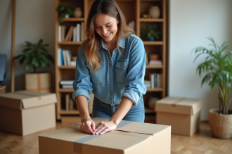 Jeune femme emballant une boîte en carton dans un salon chaleureux