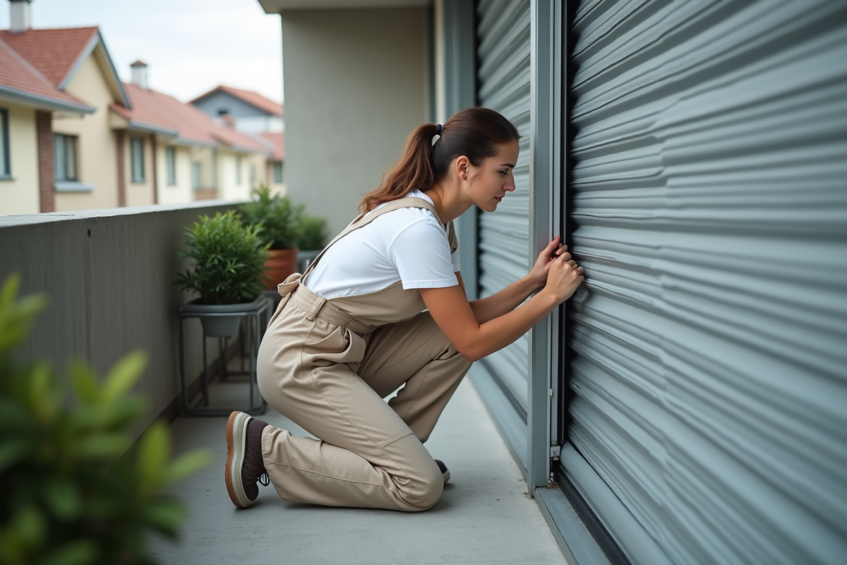 Jeune femme installant un volet roulant métallique sur une porte-fenêtre en balcon