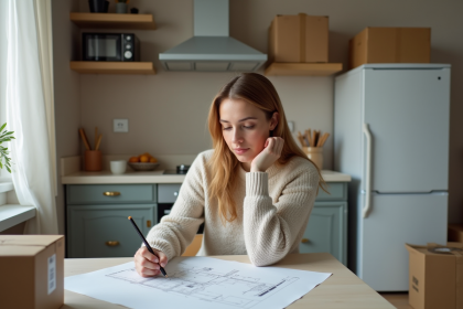 Jeune femme esquissant plans dans une cuisine moderne