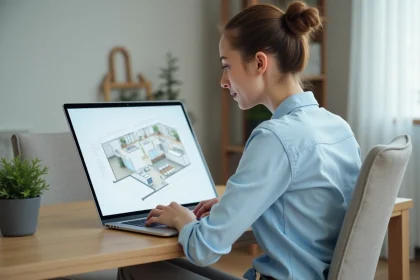 Jeune femme créant un plan digital sur son ordinateur dans un appartement lumineux