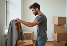 Jeune homme emballant une chaise en bois dans un appartement