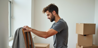 Jeune homme emballant une chaise en bois dans un appartement