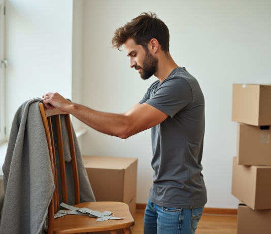 Jeune homme emballant une chaise en bois dans un appartement