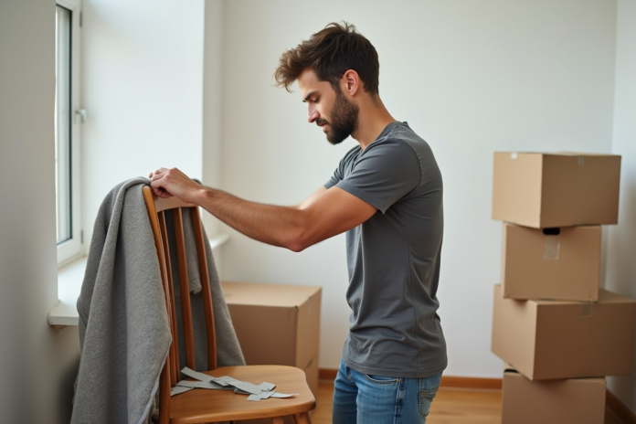 Jeune homme emballant une chaise en bois dans un appartement