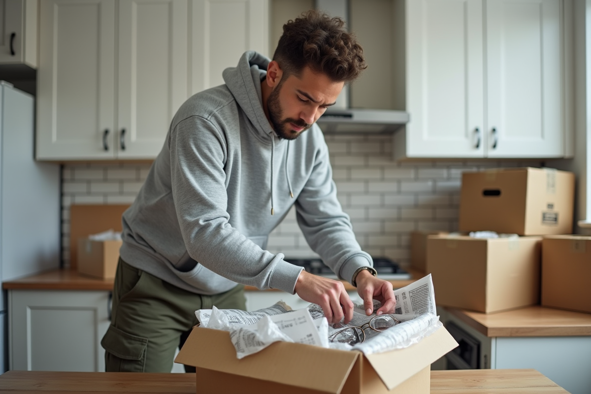 Jeune homme empilant des verres dans une cuisine moderne