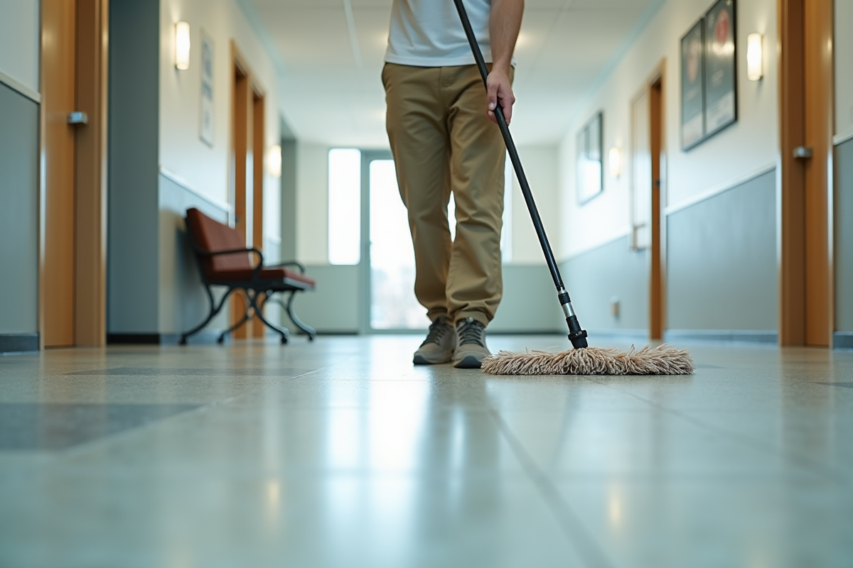 Jeune homme en tenue légère nettoyant un sol antidérapant dans un hall