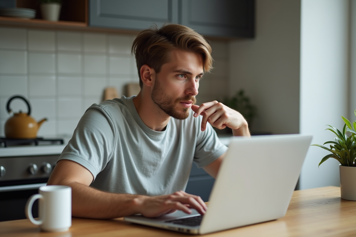 Jeune homme réfléchissant près du routeur dans la cuisine