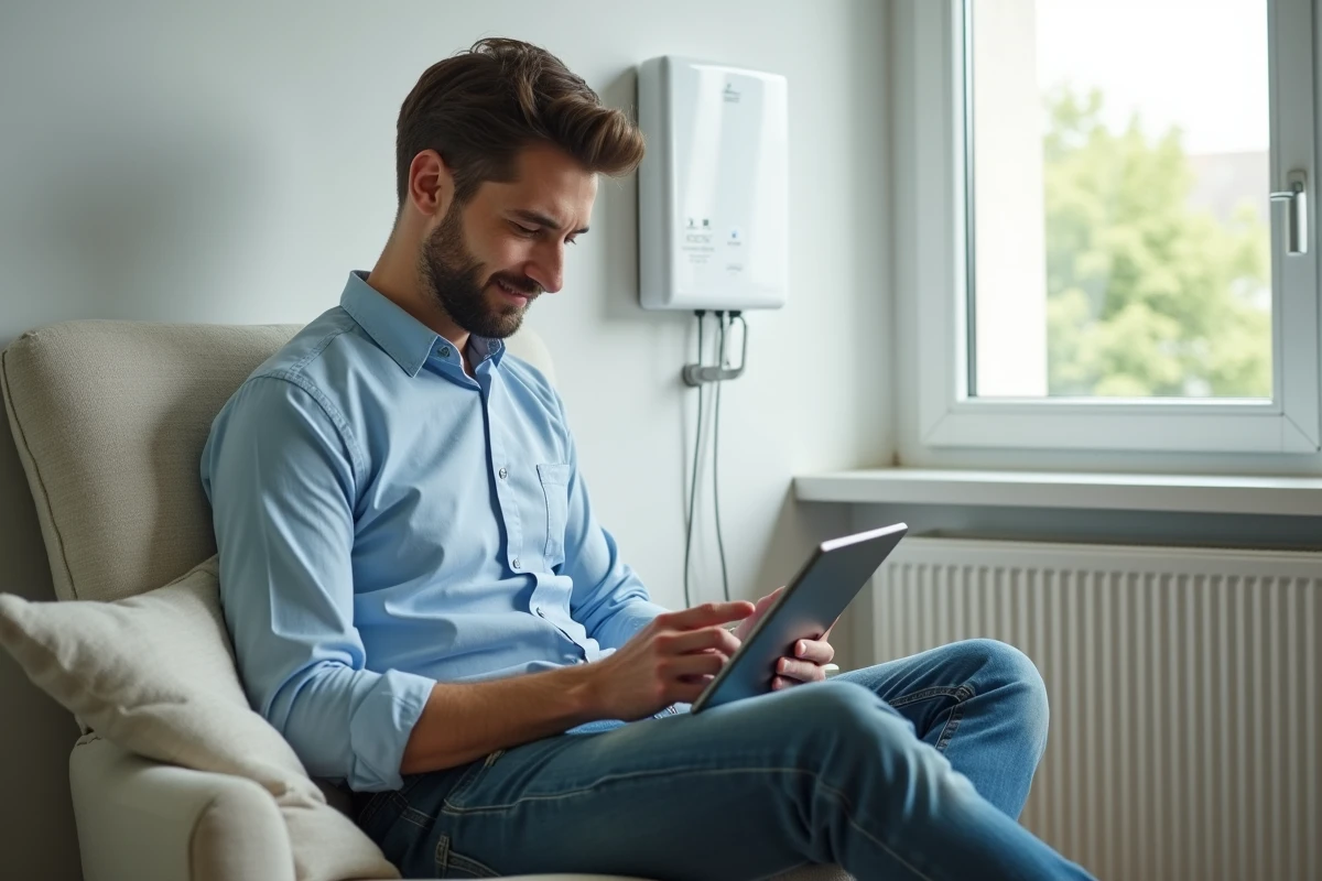 Jeune homme utilise une tablette dans une cuisine moderne