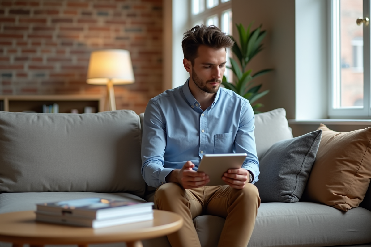 Jeune homme avec tablette assis près d une table basse