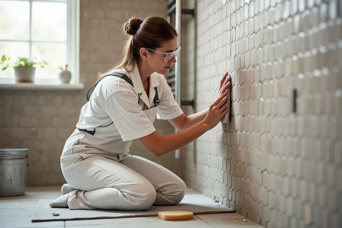 Femme appliquant du joint de carrelage sur un mur de salle de bain recouvert de mosaïque hexagonale taupe avec taloche caoutchouc