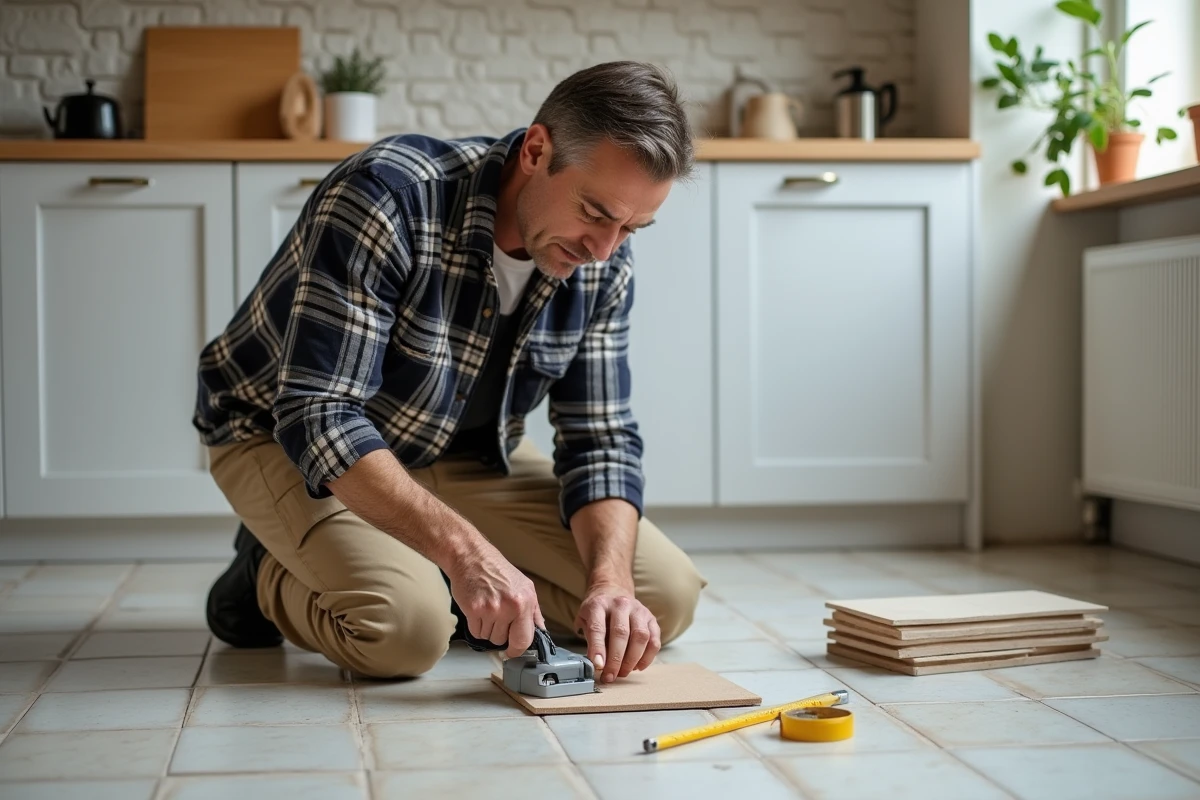 Homme utilisant une carrelette professionnelle louée pour poser un carrelage dans une cuisine en rénovation, sans avoir à acheter l'outil